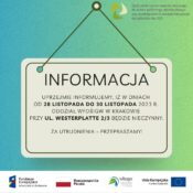 Obrazek pokazuje informację nt. tego, oddział WfośIgw w Krakowie przy ul. Westerplatte 2/3 będzie nieczynny w dniach od 28.11 do 30.11.2023 r.