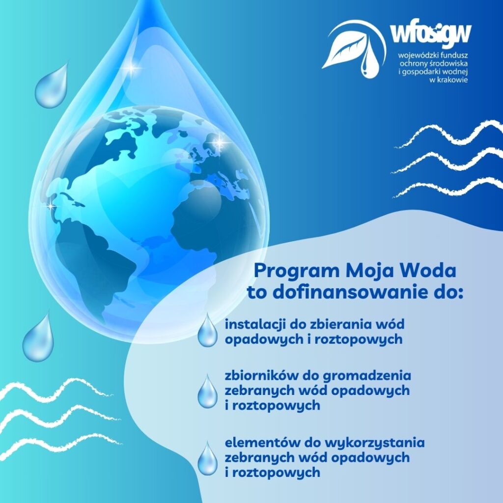 Pogram Moja Woda to dofinansowanie do: - instalacji do zbierania wód opadowych i roztopowych - zbiorników do gromadzenia zebranych wód opadowych i roztopowych - elementów do wykorzystania zebranych wód opadowych i roztopowych