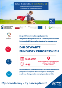 Plakat informujący o Dniach Otwartych Funduszy Europejskich dotyczący Punktu Konsultacyjnego Doradztwa Energetycznego WFOŚiGW w Krakowie.