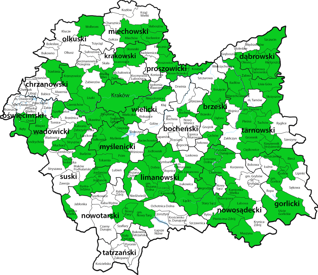 Mapa przedstawiająca bieżący stan podpisywania umów operatorskich przez gminy w Małopolsce