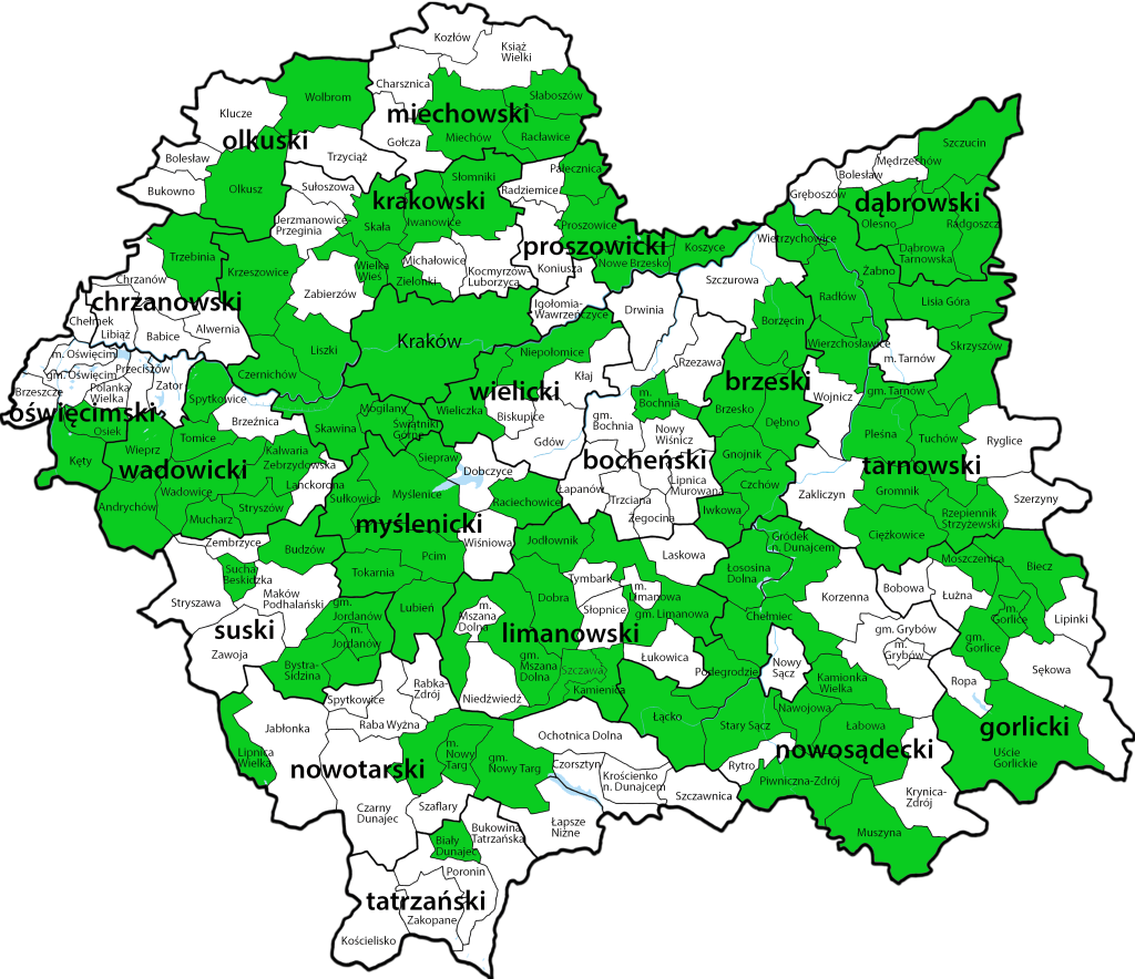 Mapa przedstawiająca bieżący stan podpisywania umów operatorskich przez gminy w Małopolsce