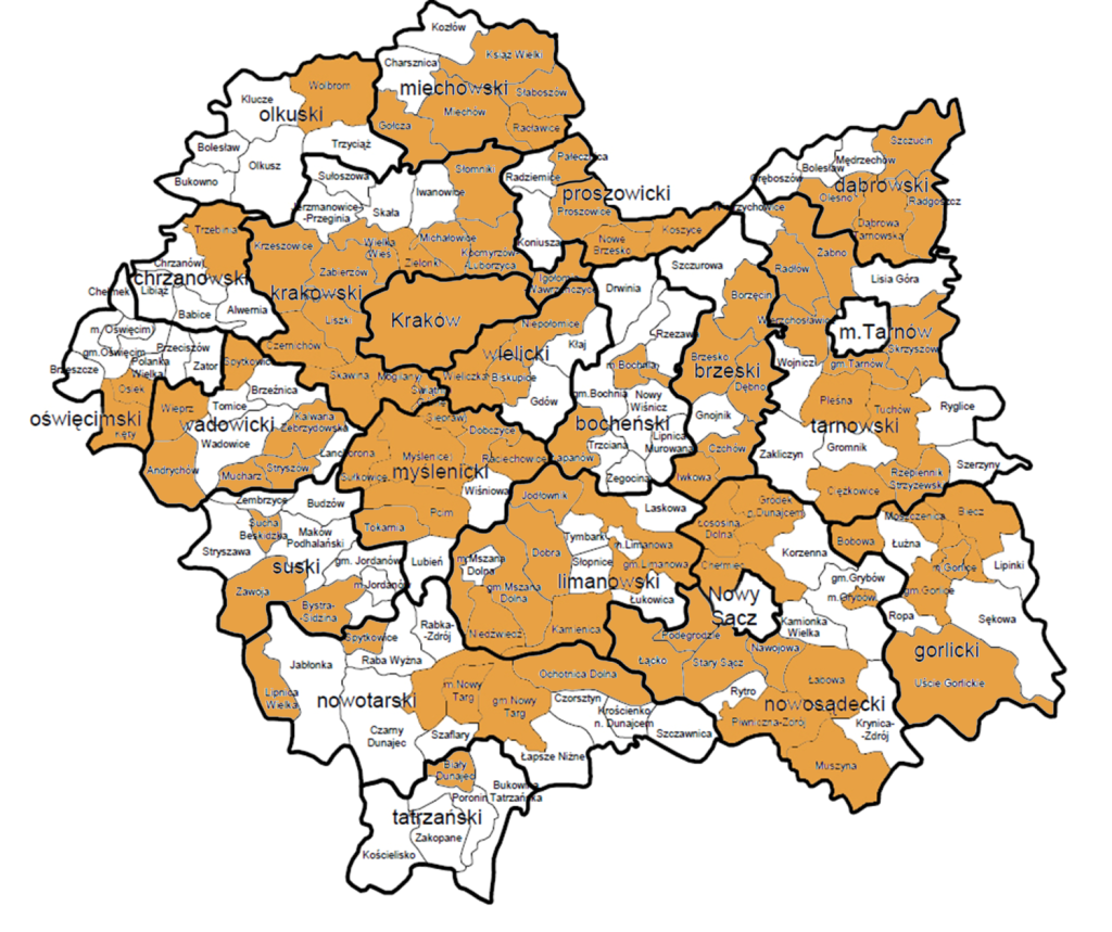 Mapka - Operatorzy Czystego Powietrza w Małopolsce