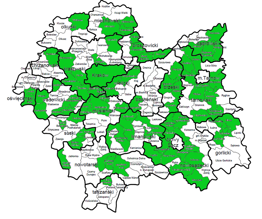 Mapa przedstawiająca bieżący stan podpisywania umów operatorskich przez gminy w Małopolsce