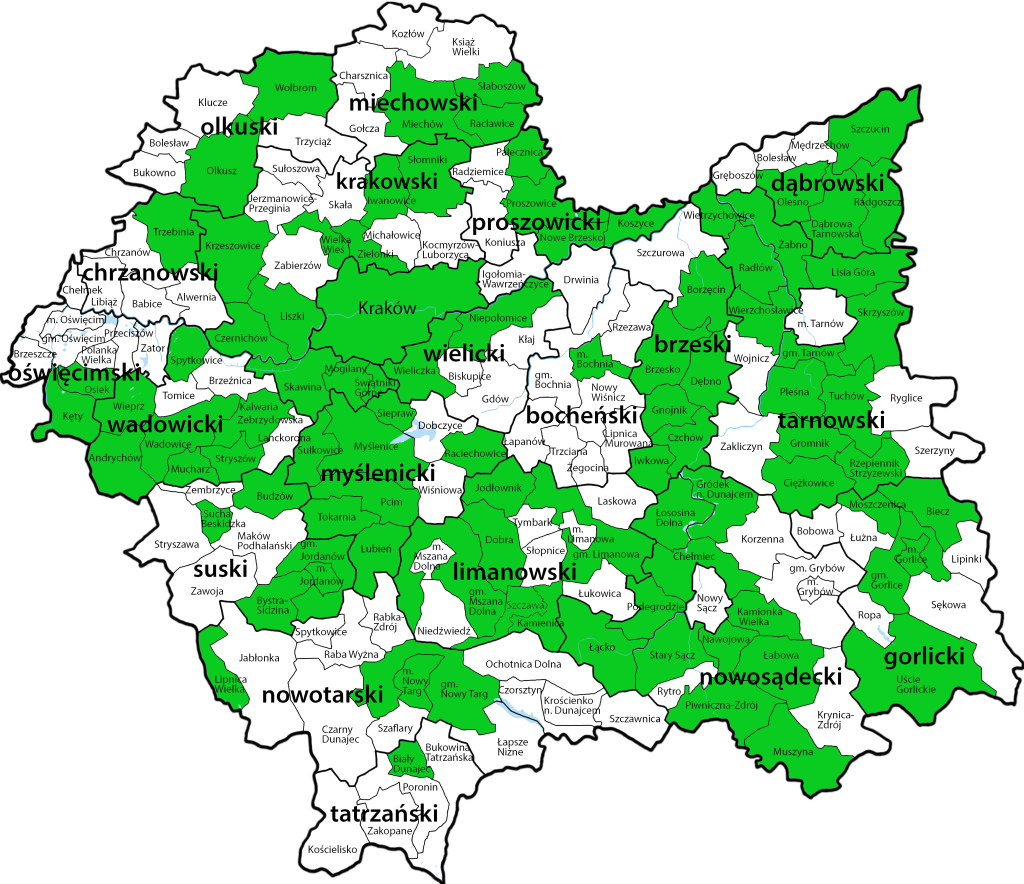 Mapa przedstawiająca bieżący stan podpisywania umów operatorskich przez gminy w Małopolsce