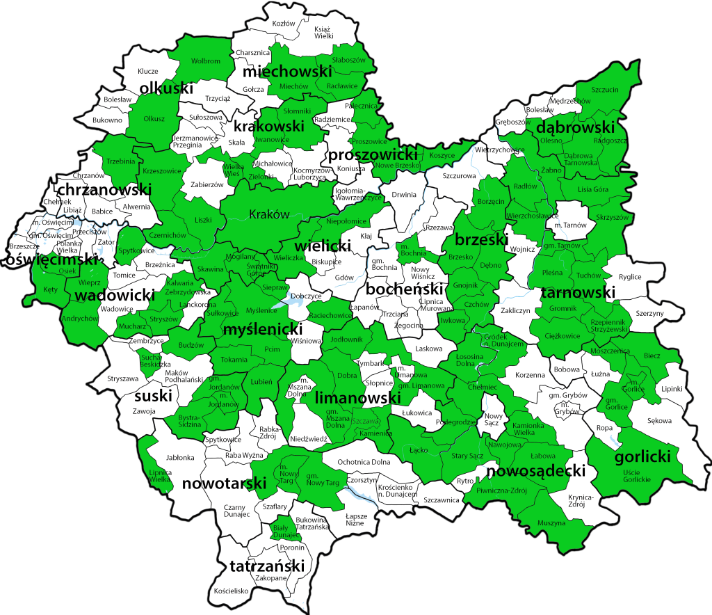 Mapa przedstawiająca bieżący stan podpisywania umów operatorskich przez gminy w Małopolsce