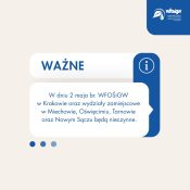 Grafika dekoracyjna nt. tego, że 2 maja br. WFOŚiGW w Krakowie oraz oddziały zamiejscowe nieczynne