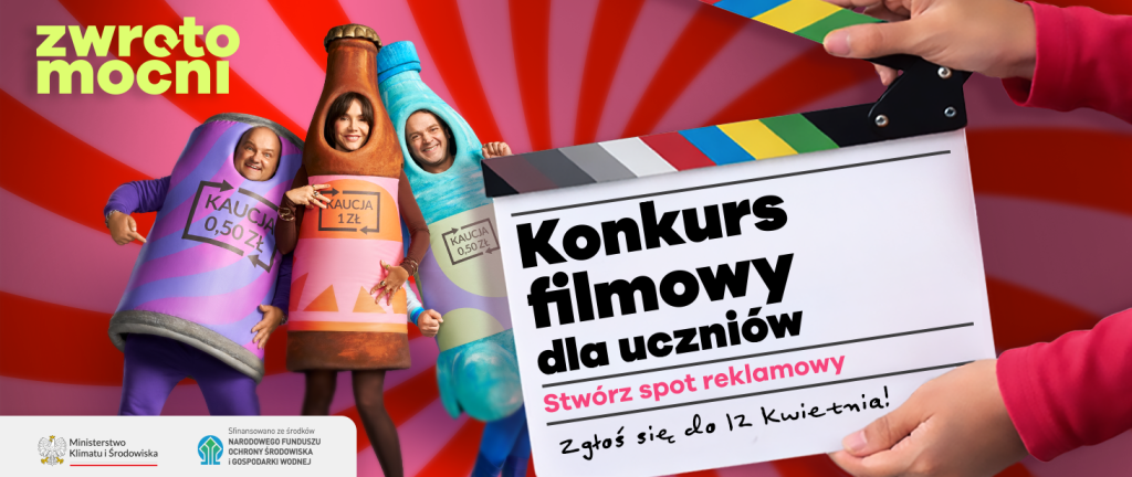 Ilustracja przedstawiająca konkurs dla szkół podstawowych na temat systemu kaucyjnego opakowań po napojach.